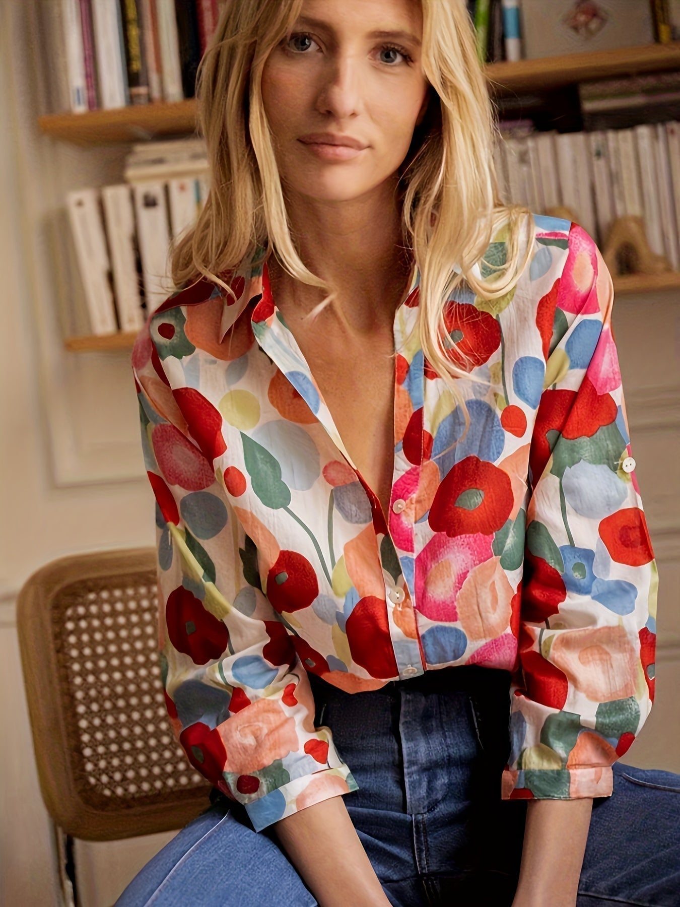 Women’s Button Down Blouse with Floral Print and Adjustable Roll-Tab Long Sleeves