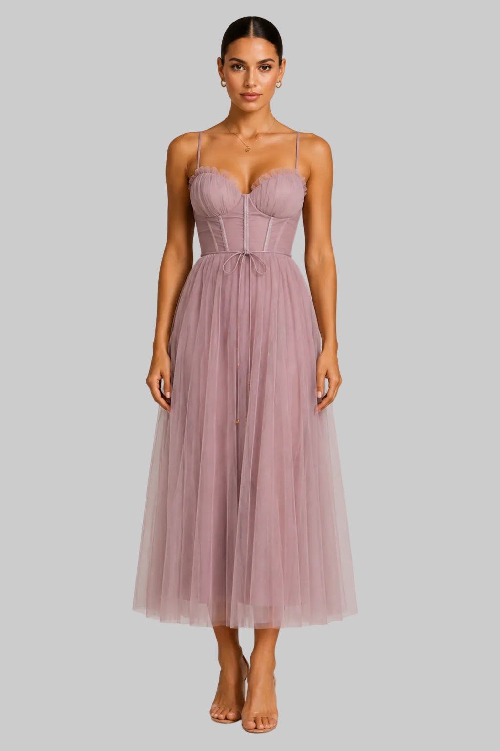 Women’s Midi Dress Corset Bodice Pleated Tulle Skirt