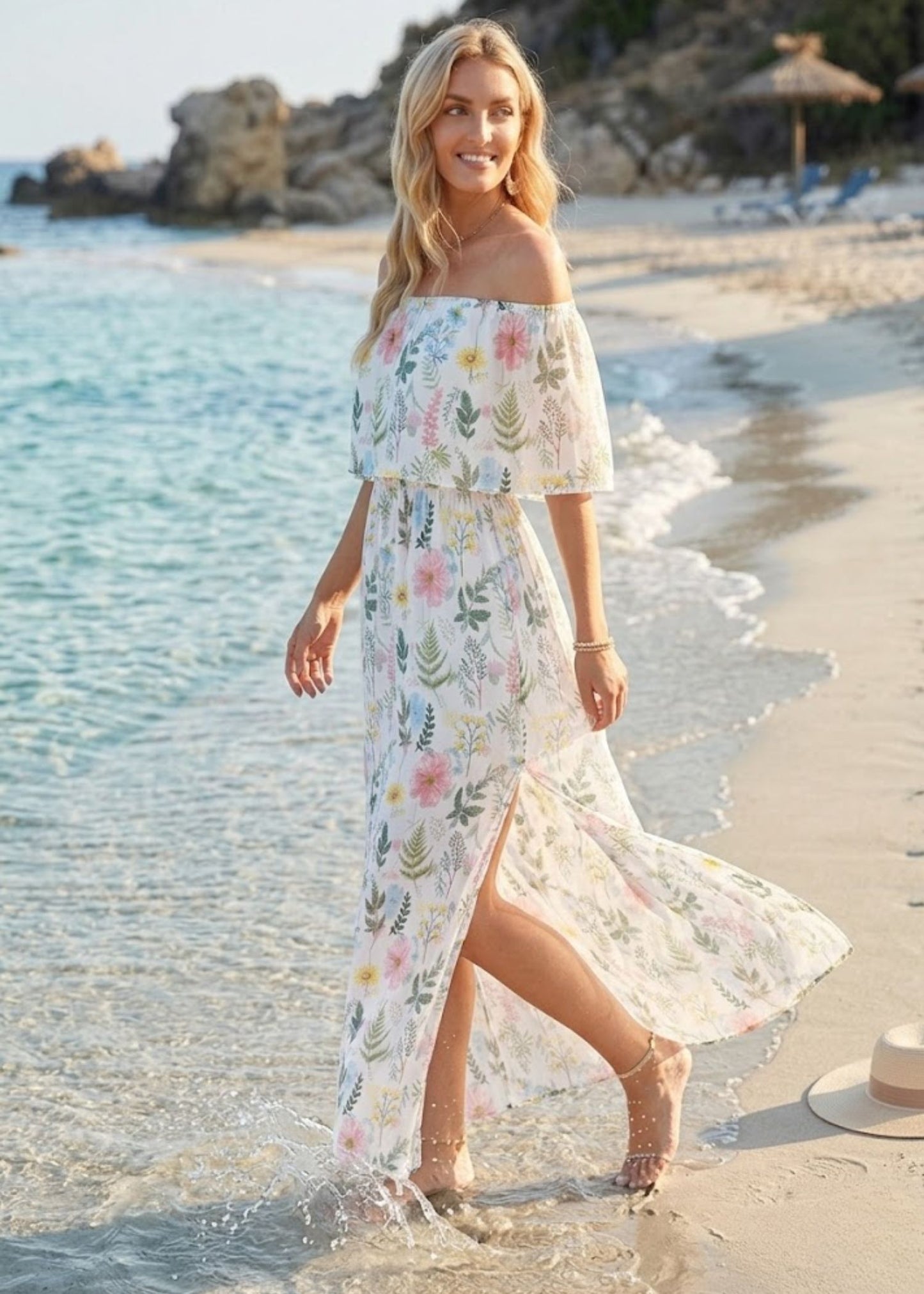 Women’s Off the Shoulder Maxi Dress with Ruffle Overlay and Side Pockets