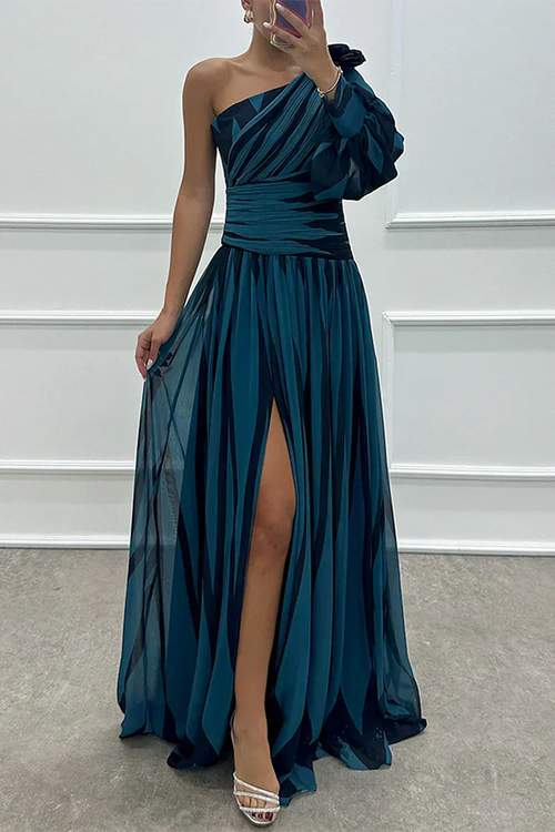 Women’s Maxi Dress with One-Shoulder Bodice and Asymmetric Diamond Pattern