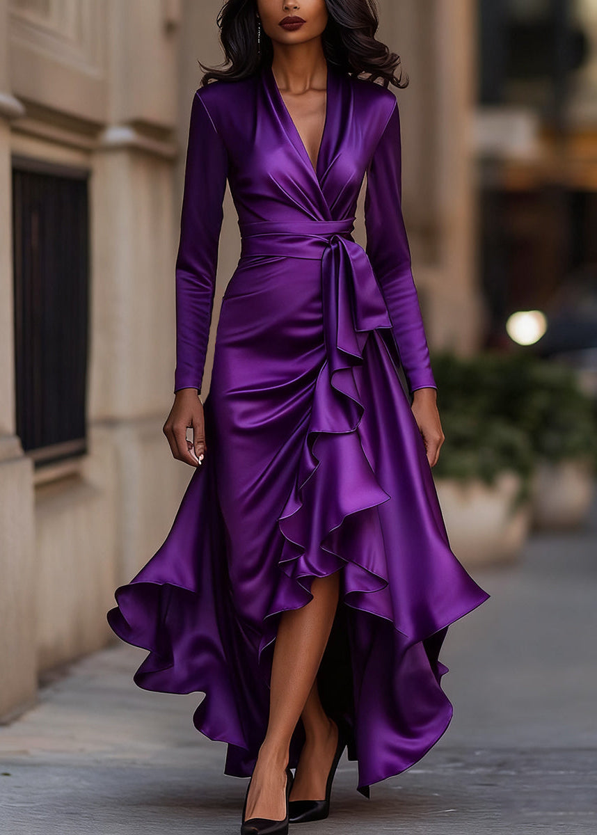 Ceylan Women's Satin Wrap Dress High Low Ruffle Detail