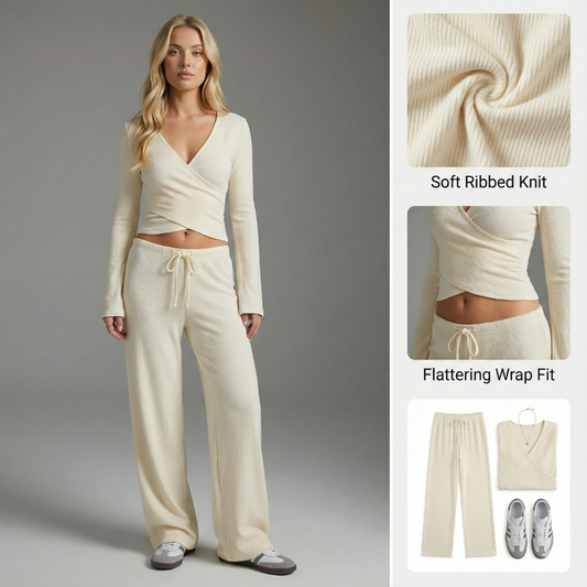 Ceylan Women’s Knit Wrap Top & Wide Leg Trousers Set