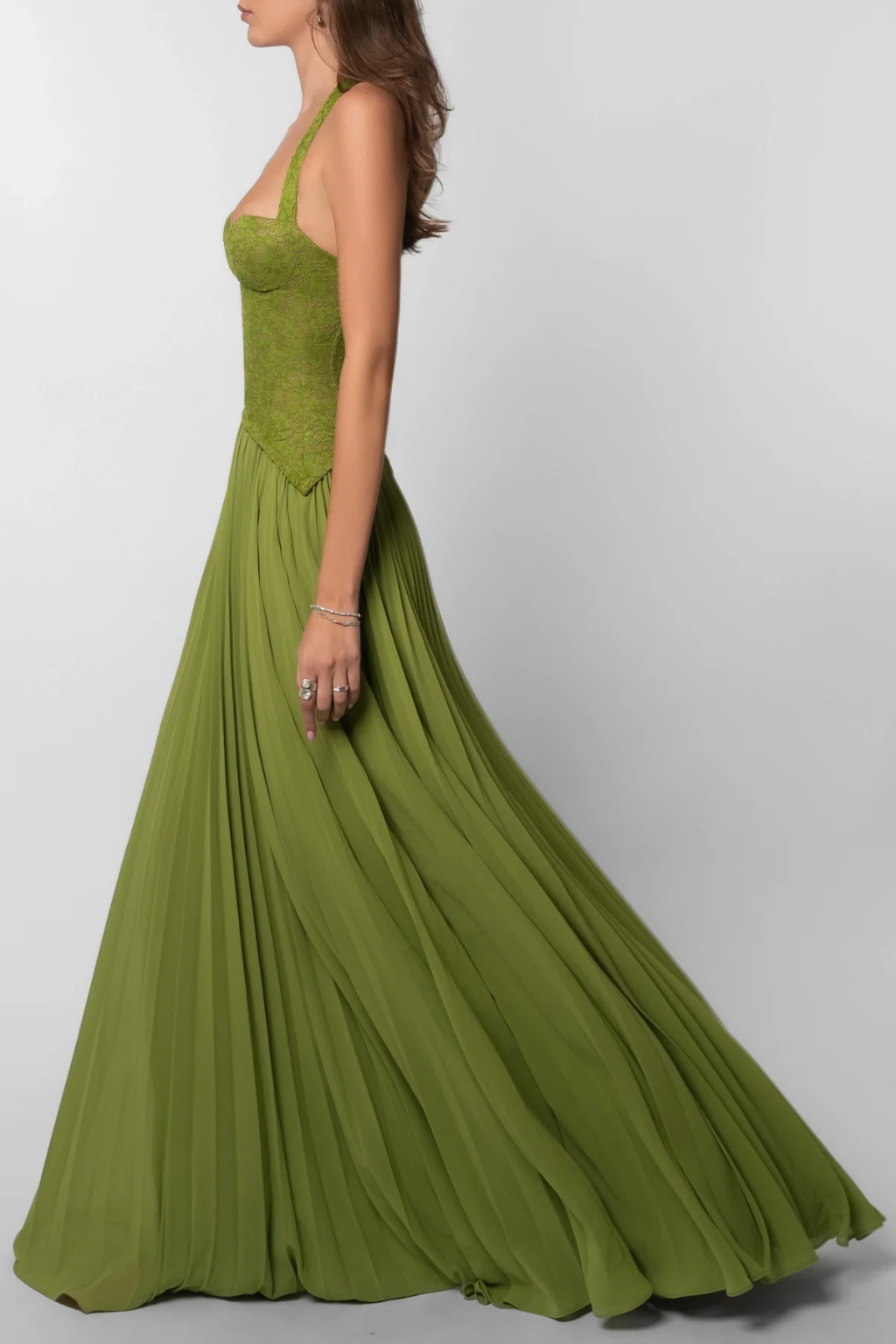 Women Halter Lace Corset Pleated Green Wedding Guest Maxi Dress