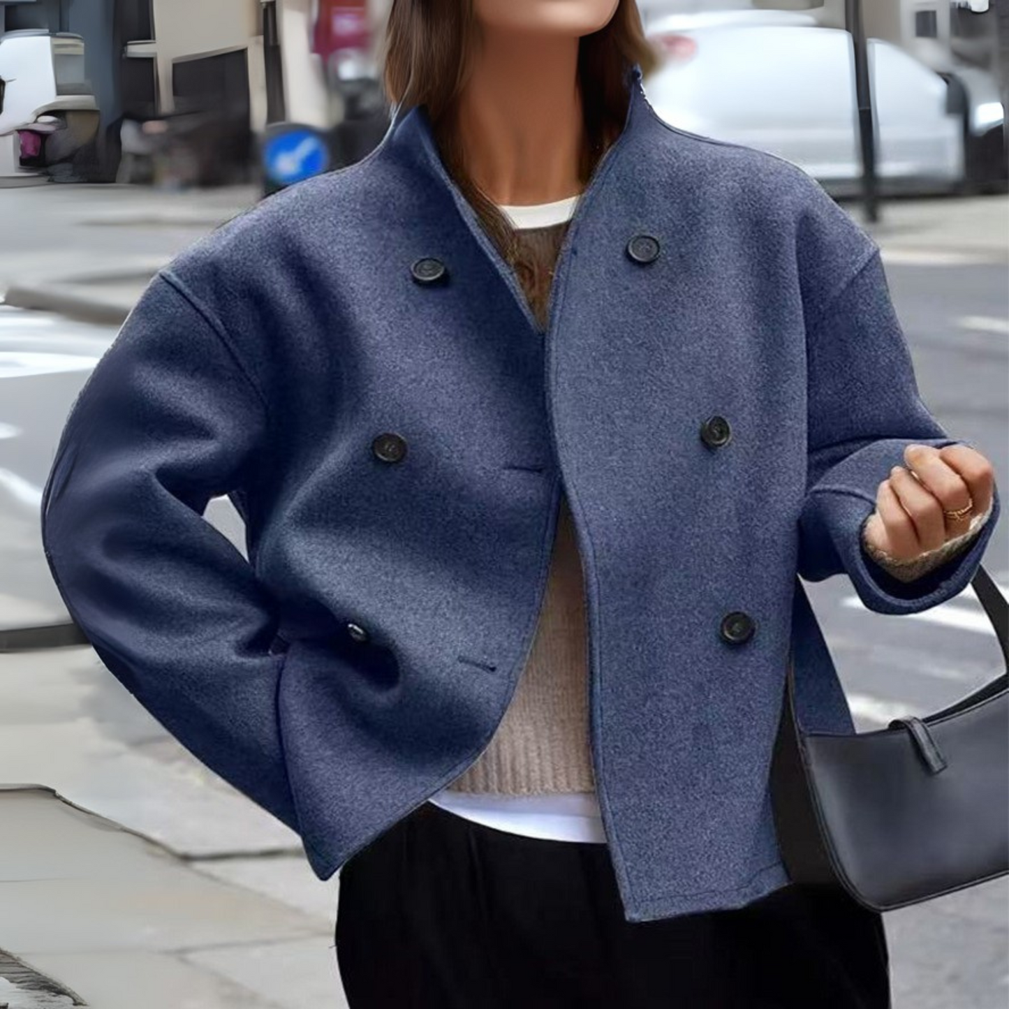 Women’s Double-Breasted Wool Blend Short Coat Oversized Boxy Peacoat