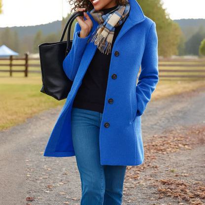 Women's Long Button-Front Winter Coat with Notch Collar