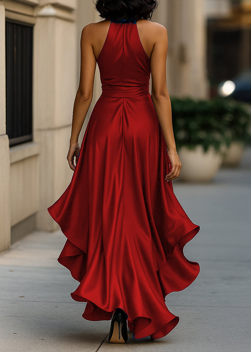 Ceylan Women’s Satin Halter Neck Gown with Asymmetric Ruffles