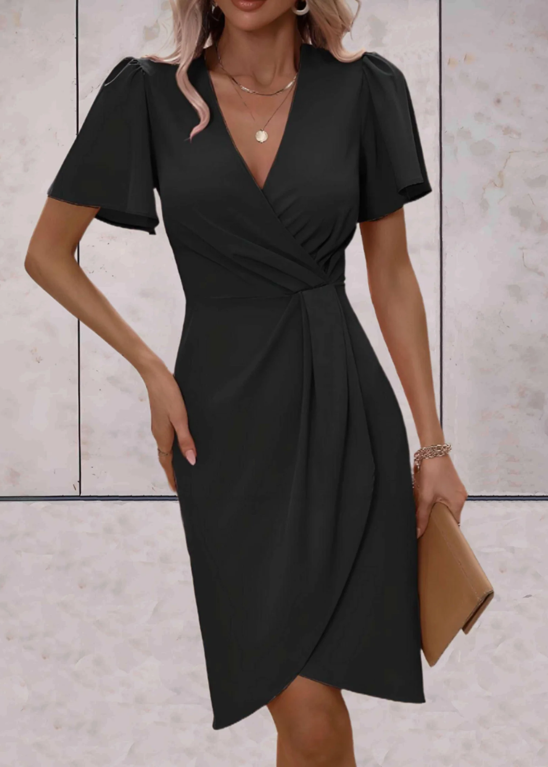 Women’s Wrap Midi Dress with Flutter Sleeves and Ruched Waist Detail
