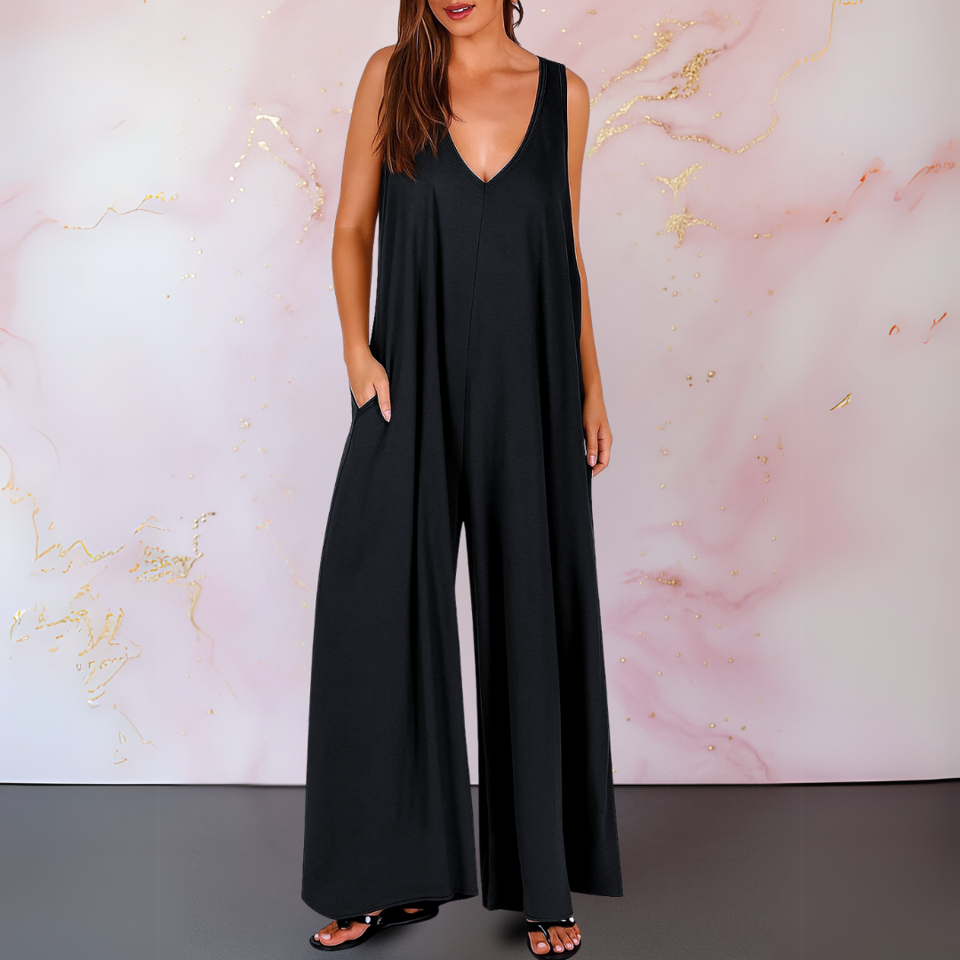 Women's Wide Leg Jumpsuit V-Neck Sleeveless Relaxed Fit with Pockets