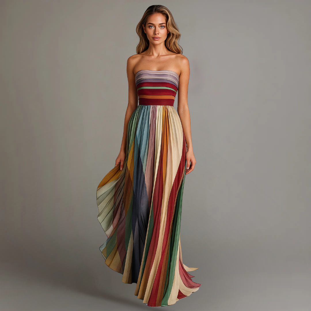 Women¡¯s Strapless Pleated Maxi Dress with Vibrant Vertical Stripe Print and Fitted Bodice