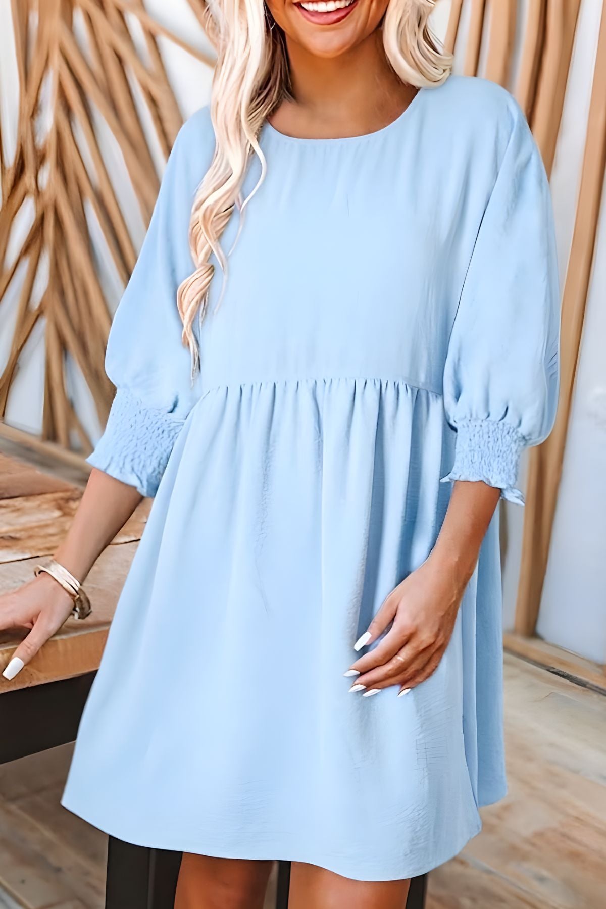 Women's Smocked Cuff Babydoll Dress Half Sleeve Ruffle Mini Dress