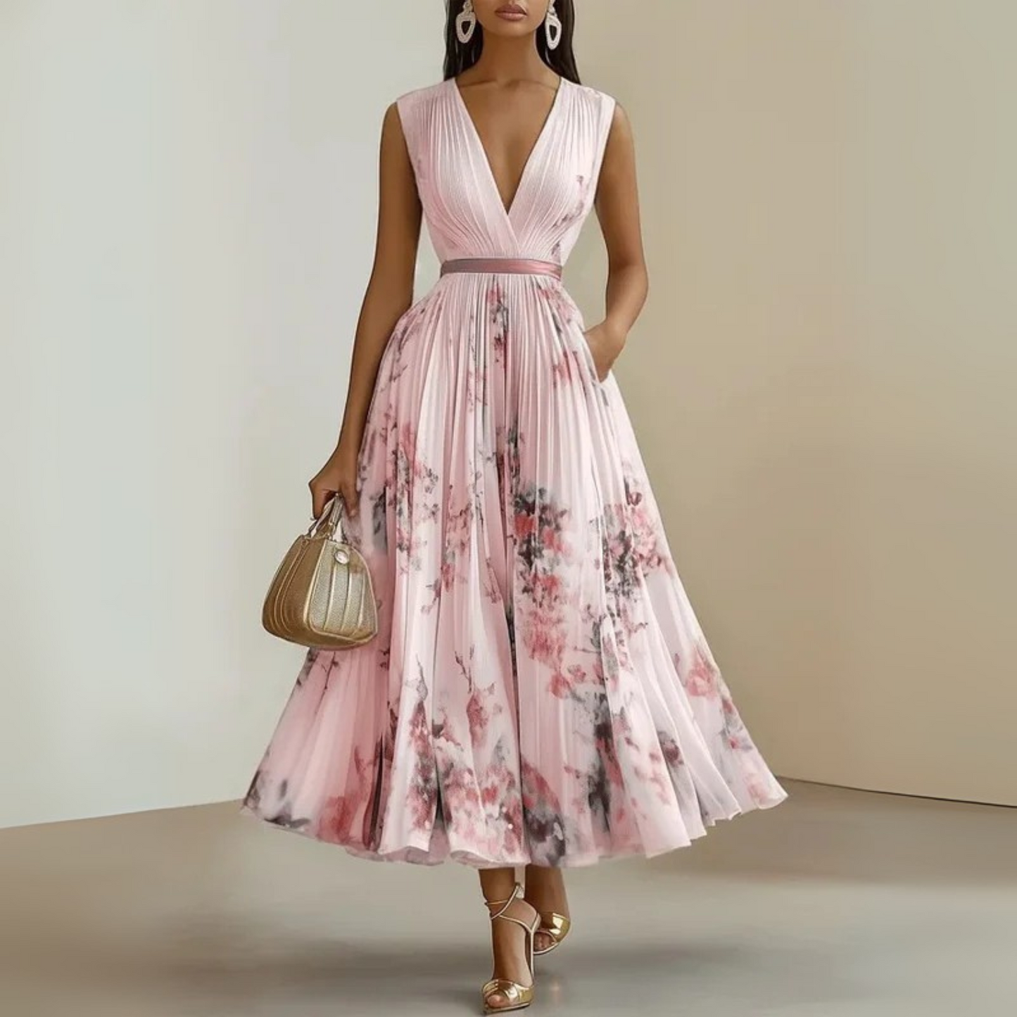 Women’s Pleated Maxi Dress V-Neck Watercolor Print Wedding Guest Gown