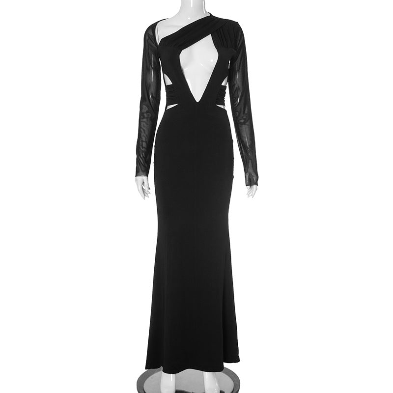 Women's Plunging Neck Cutout Maxi Dress with Long Sleeves