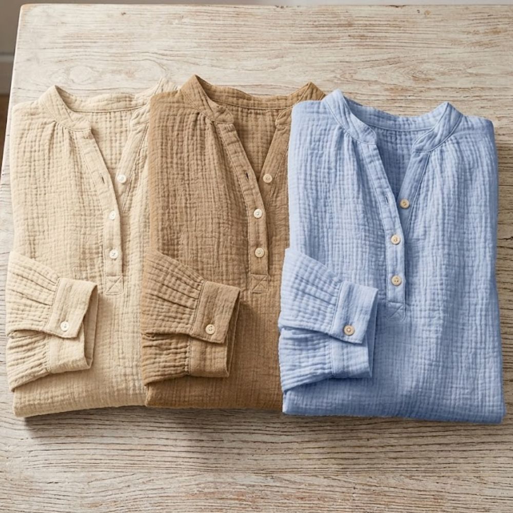 Women's Henley Blouse with Textured Gauze Fabric and Long Sleeves