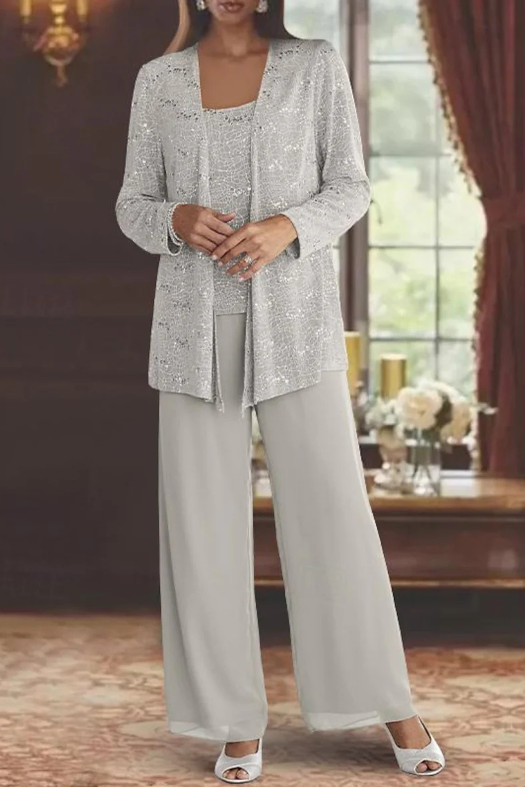 Women’s Three-Piece Pantsuit with Sequin Lace Jacket and Wide-Leg Trousers