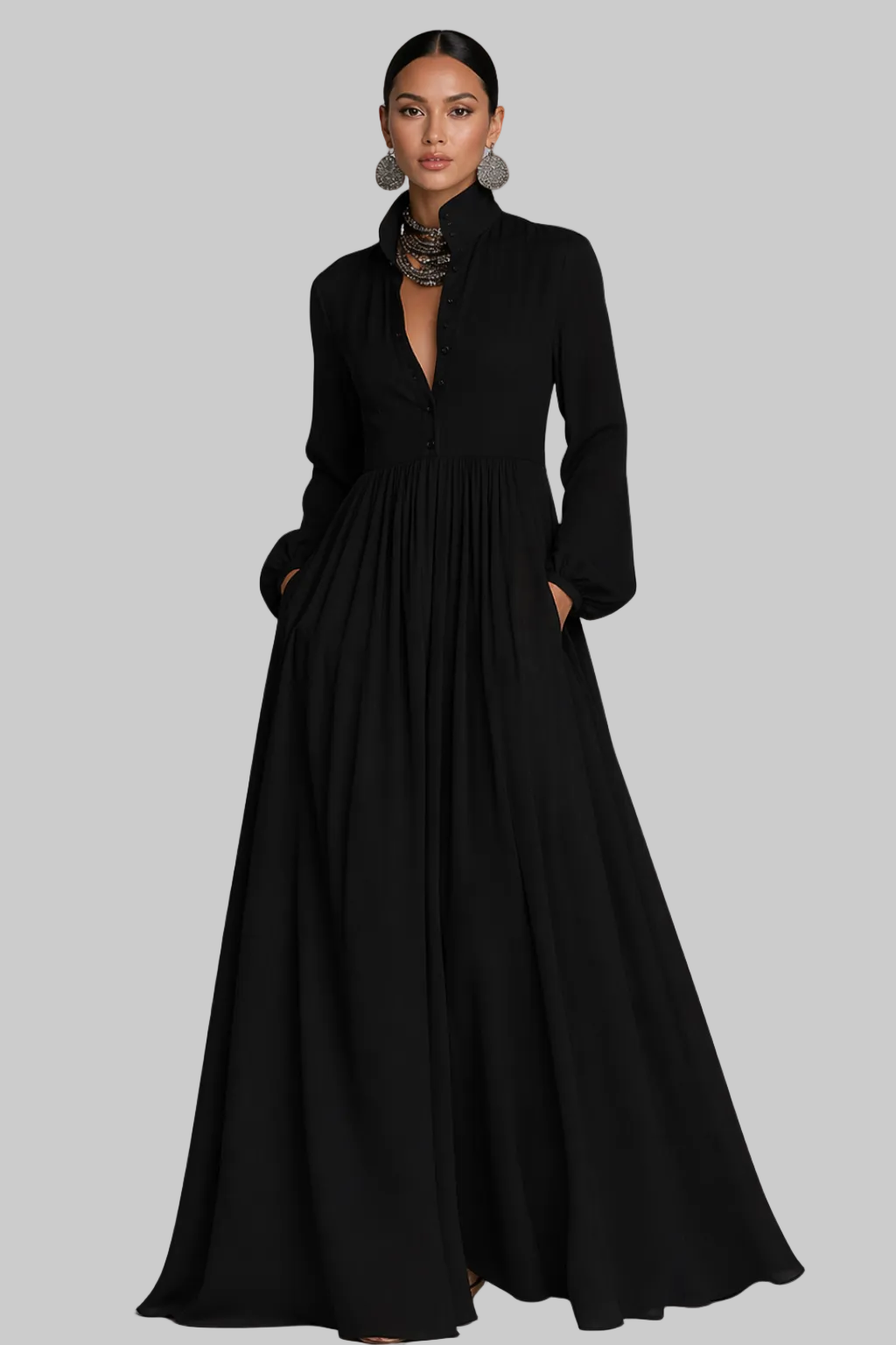 Women’s Maxi Dress with Button-Front Bodice and Flared Gathered Skirt