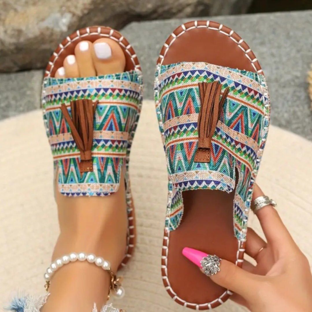 Women’s Flat Sandals with Vintage Tassel Detail and Woven Espadrille Sole