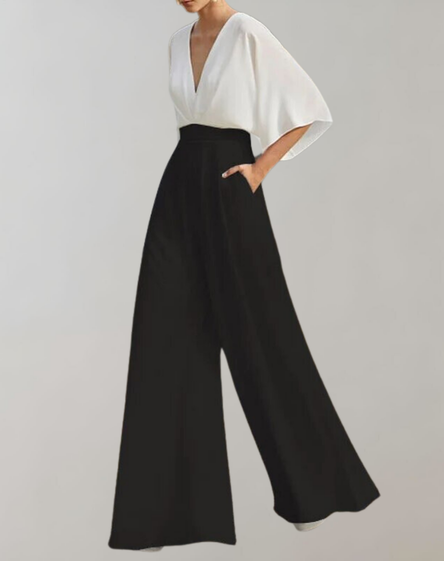Women¡¯s Wide Leg Jumpsuit with Deep V-Neck and Flutter Kimono Sleeves
