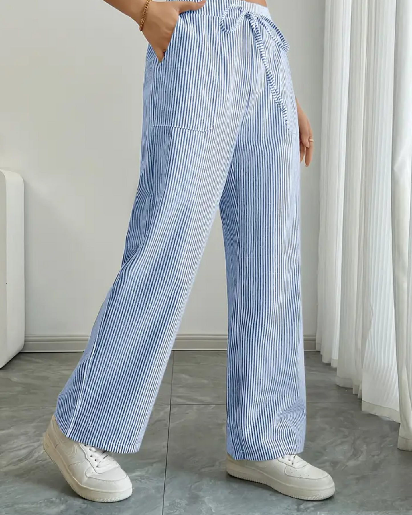 Women’s Linen Striped Pants with Drawstring Waist and Pockets