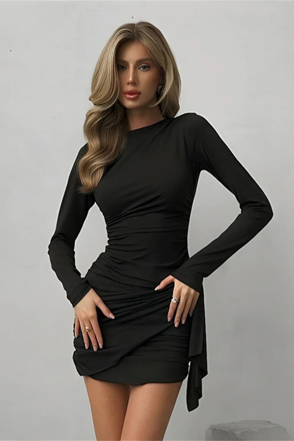 Women’s Mini Dress with Long Sleeves and Asymmetric Ruched Wrap Skirt