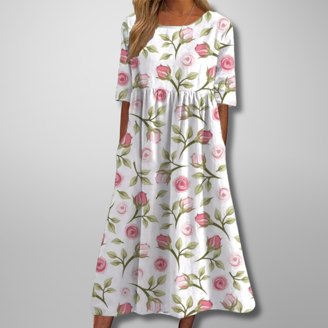 Women’s Midi Dress with Raised Floral Embroidery and Empire Waist Silhouette