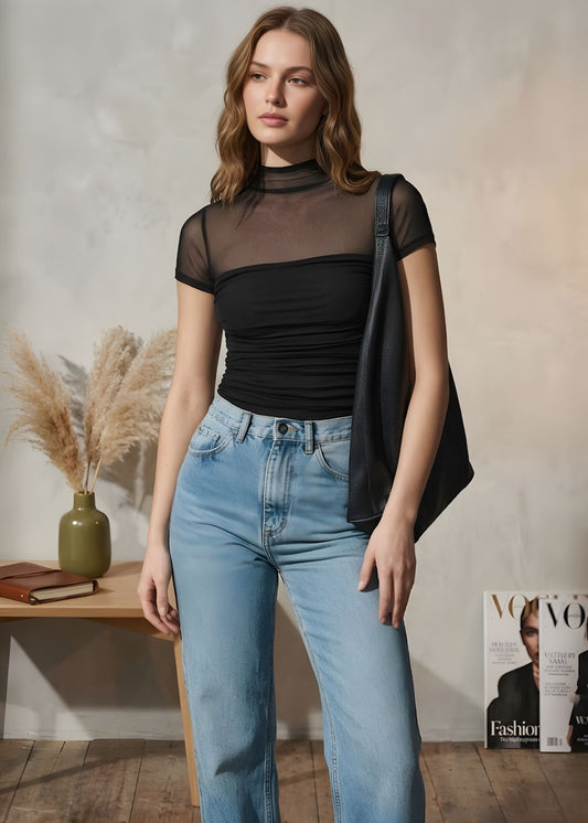 Women’s Mesh Patchwork Bodysuit with Ruched Mock Neck and Short Sleeves
