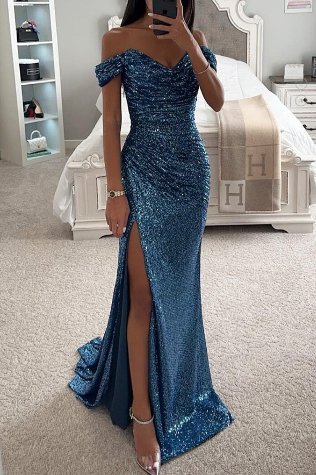 Women's Off Shoulder Side Slit Sequin Wedding Guest Maxi Dress