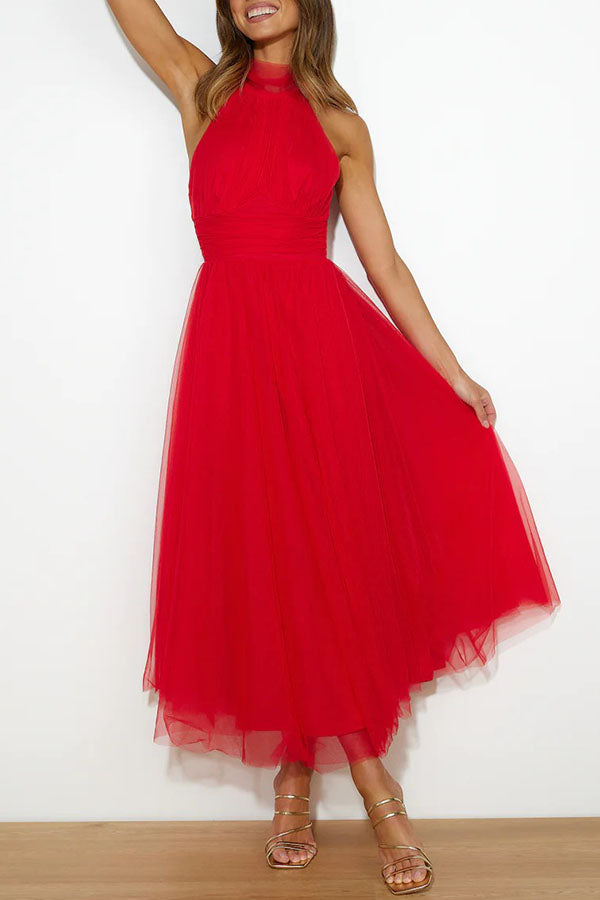 Women’s Midi Dress with Halter Neckline and Layered Tulle Skirt