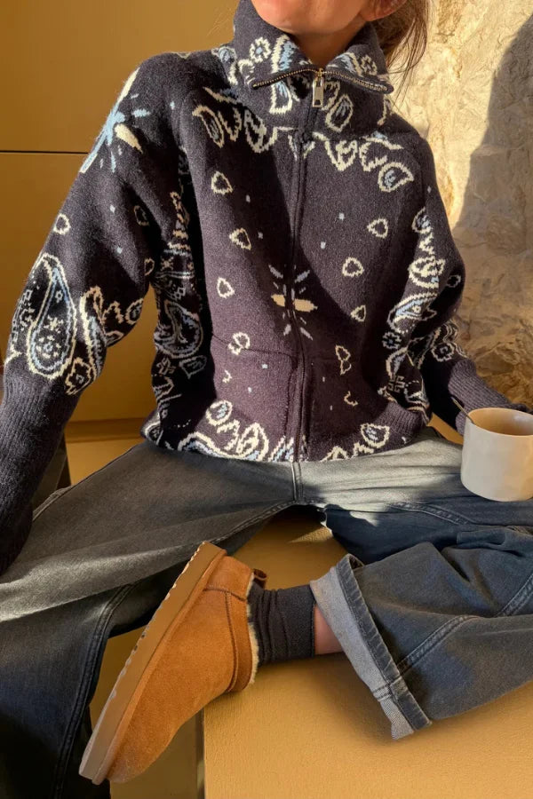 Women's Knit Zip-Up Sweater with Jacquard Paisley Print and High Turtleneck