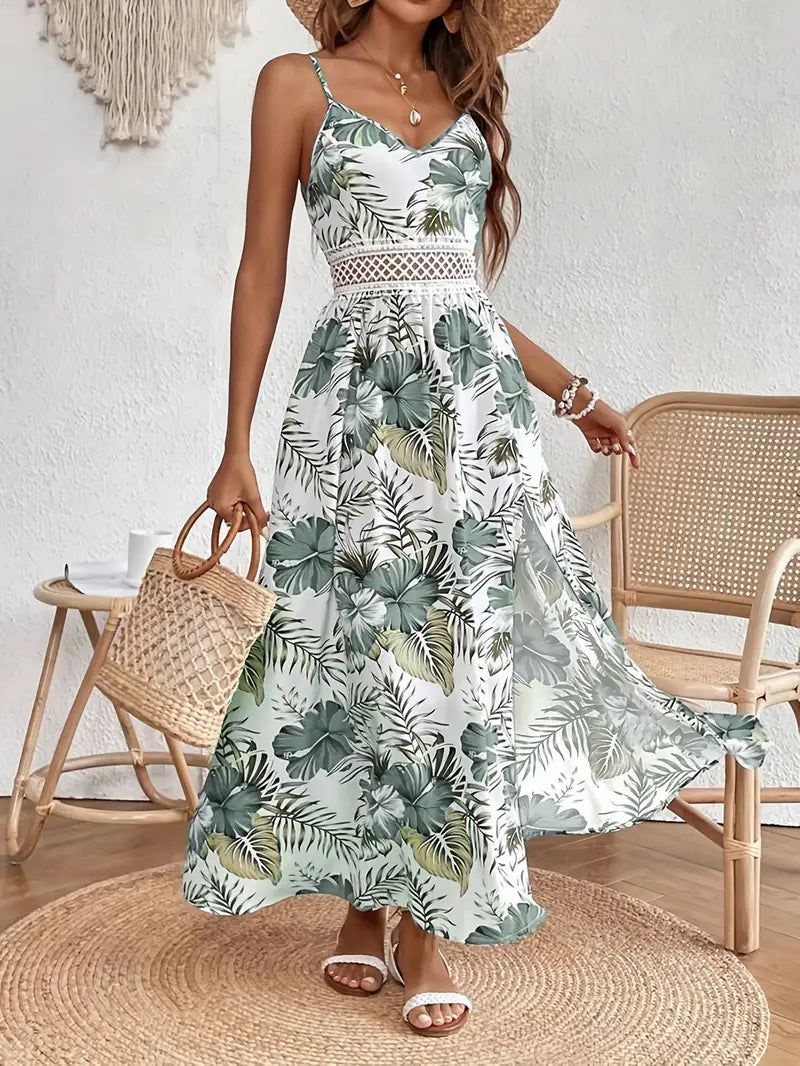 Women’s Maxi Dress Crochet Waist Tropical Print Summer Wedding Guest Gown