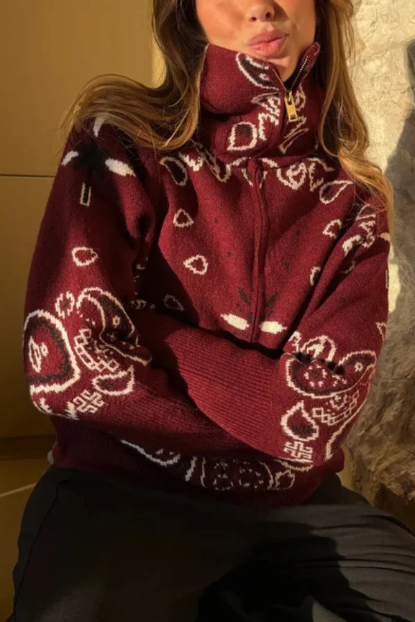 Women's Knit Zip-Up Sweater with Jacquard Paisley Print and High Turtleneck