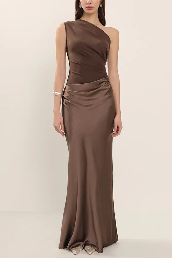 Women's One-Shoulder Asymmetric Draped Satin Maxi Dress Elegant Evening Gown