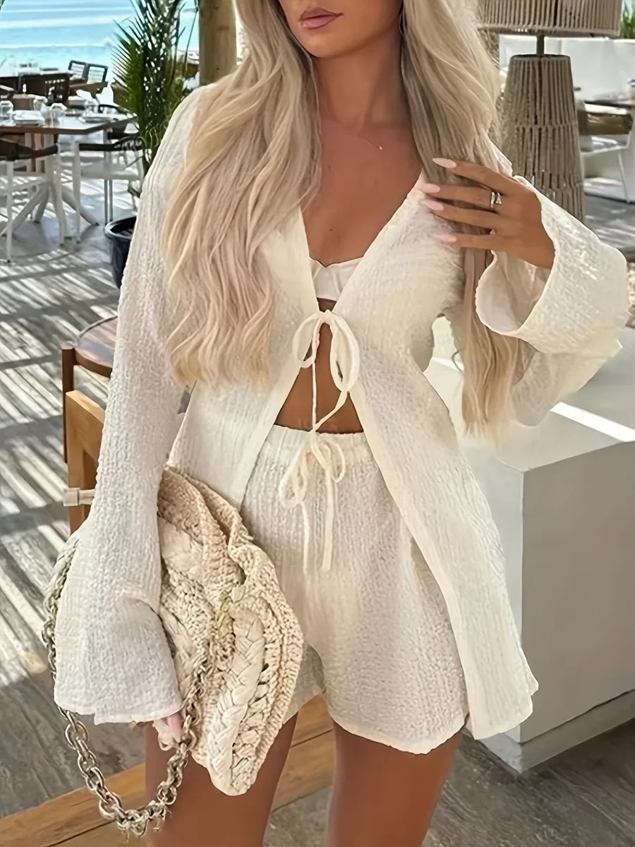 Women’s Plisse Tie Front Long Sleeve Top and Drawstring Shorts Two Piece Set
