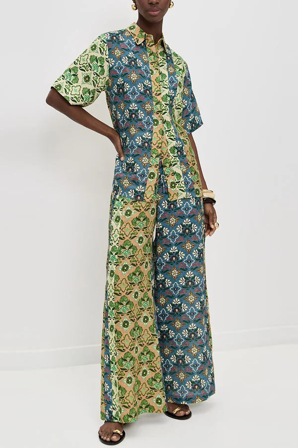 Women’s Two-Piece Set with Floral Patchwork Blouse and Wide Leg Pocket Pants