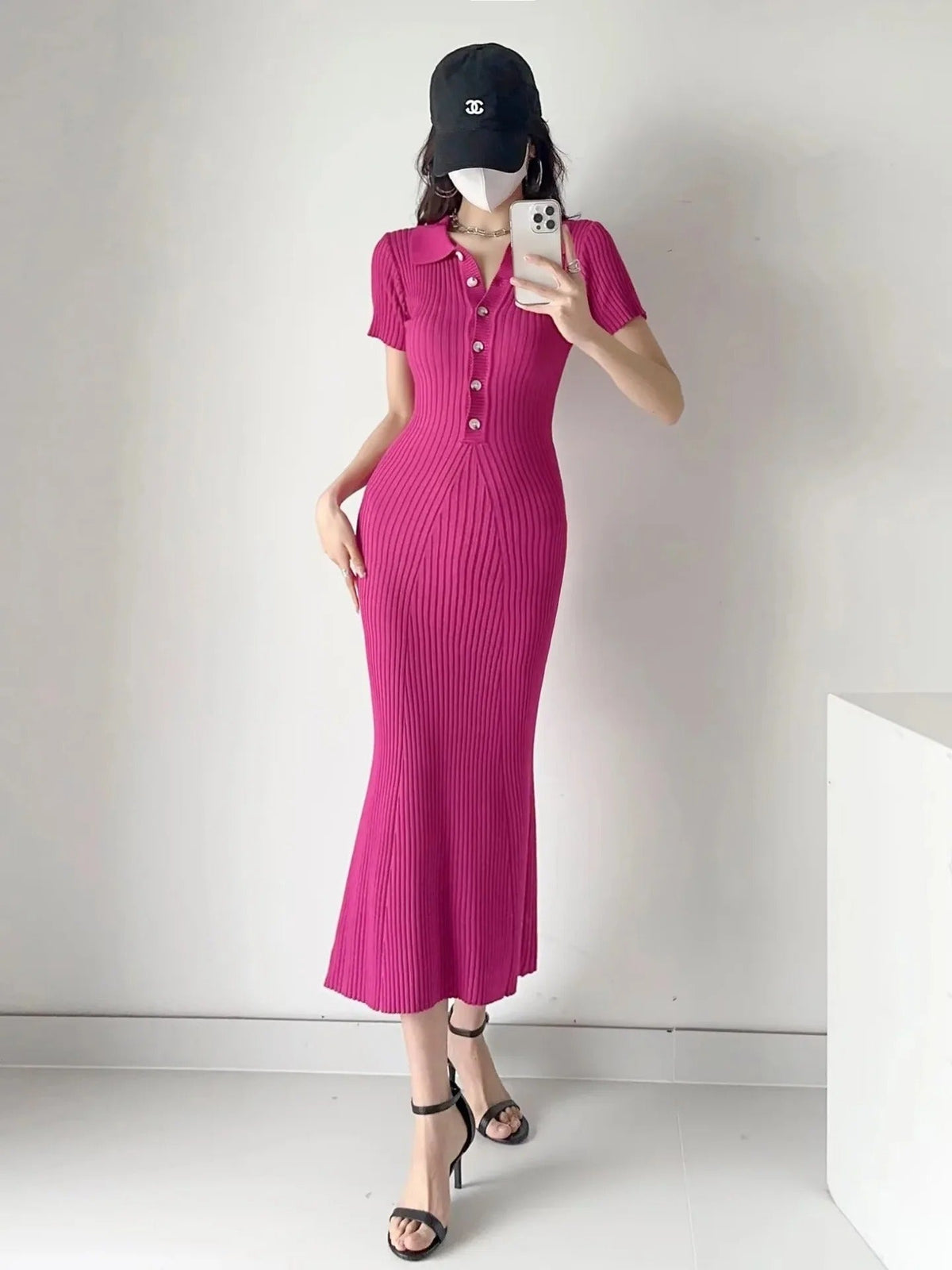 Women's Ribbed Polo Collar Midi Dress with Button Detail