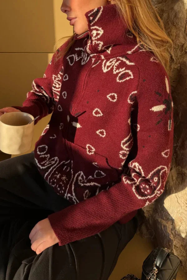 Women's Knit Zip-Up Sweater with Jacquard Paisley Print and High Turtleneck