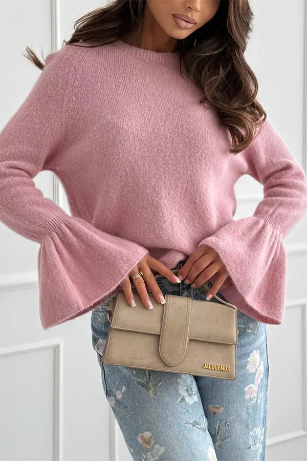 Women’s Crew Neck Sweater with Bell Sleeves and Relaxed Fit Soft Knit Texture