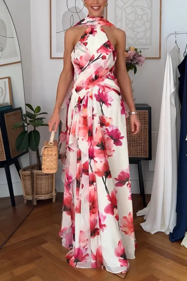 Women¡¯s Maxi Dress with Crinkle Chiffon Ruffle Trim and Cross-Front Halter Neck