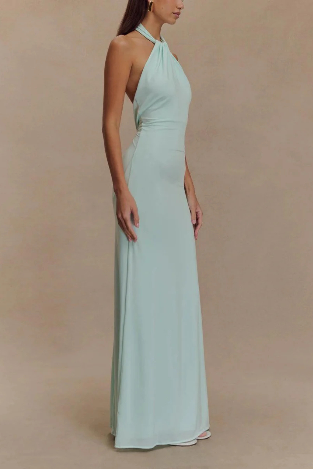 Women’s Maxi Dress with Twisted Knot Halter Neckline and Ruched Waist