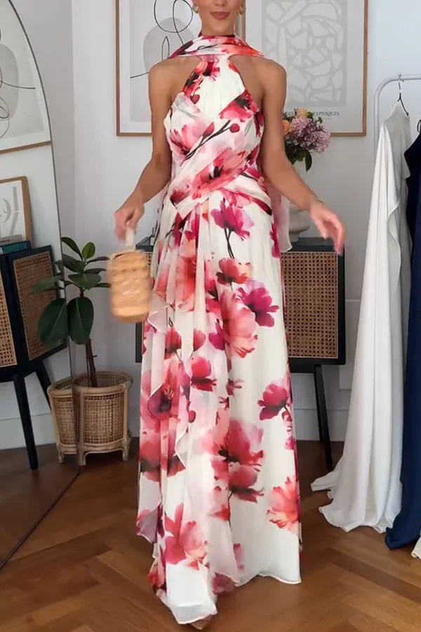 Women¡¯s Maxi Dress with Crinkle Chiffon Ruffle Trim and Cross-Front Halter Neck