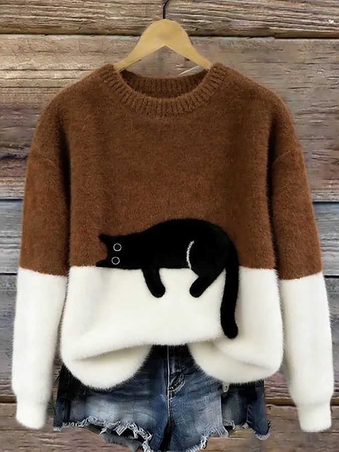 Women's Color-Block Cat Graphic Ribbed Knit Sweater