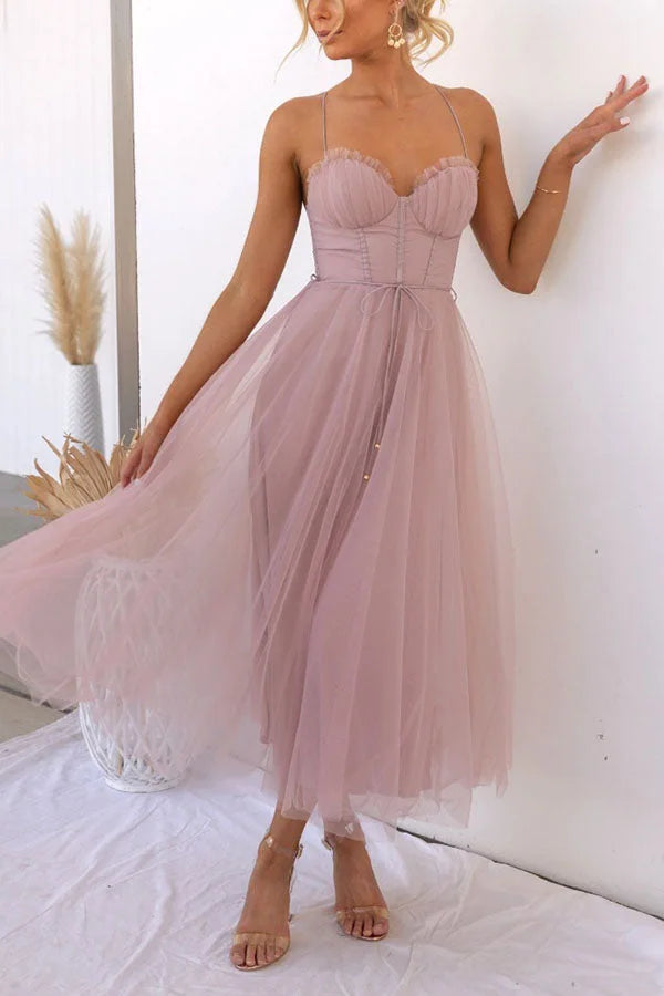 Women’s Tulle Bustier Midi Dress with Corset Bodice and Ruched Cups