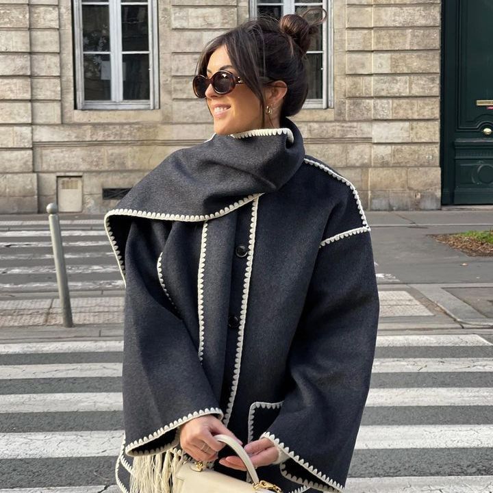 Women's Cape Coat with Contrast Trim and Fringe Detail