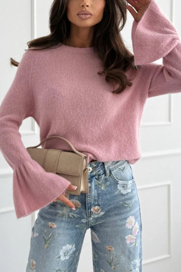 Women’s Crew Neck Sweater with Bell Sleeves and Relaxed Fit Soft Knit Texture