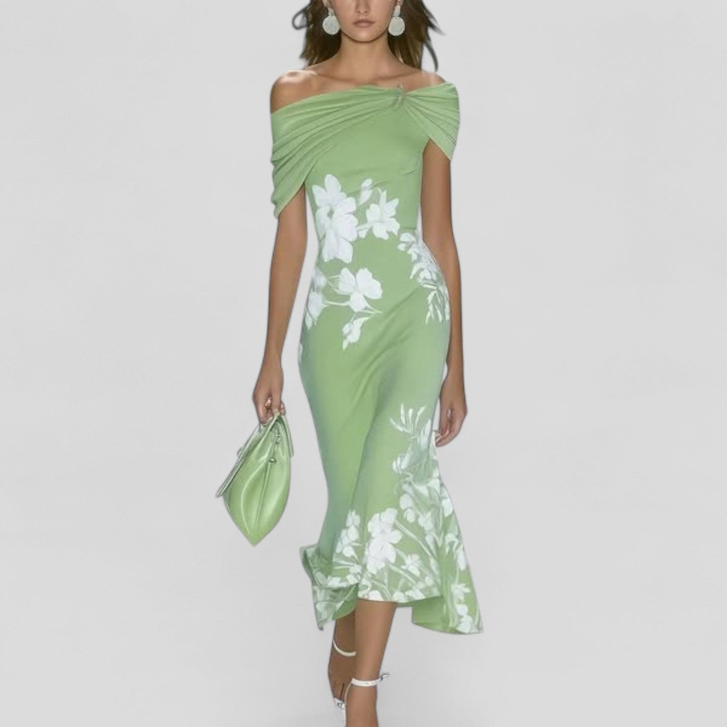 Women’s Midi Dress with Off-Shoulder Draped Bodice and Floral Ruffle Hem