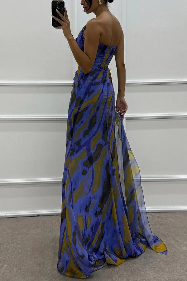 Women’s One-Shoulder Maxi Dress Feather Embellished High Slit Wedding Guest Gown