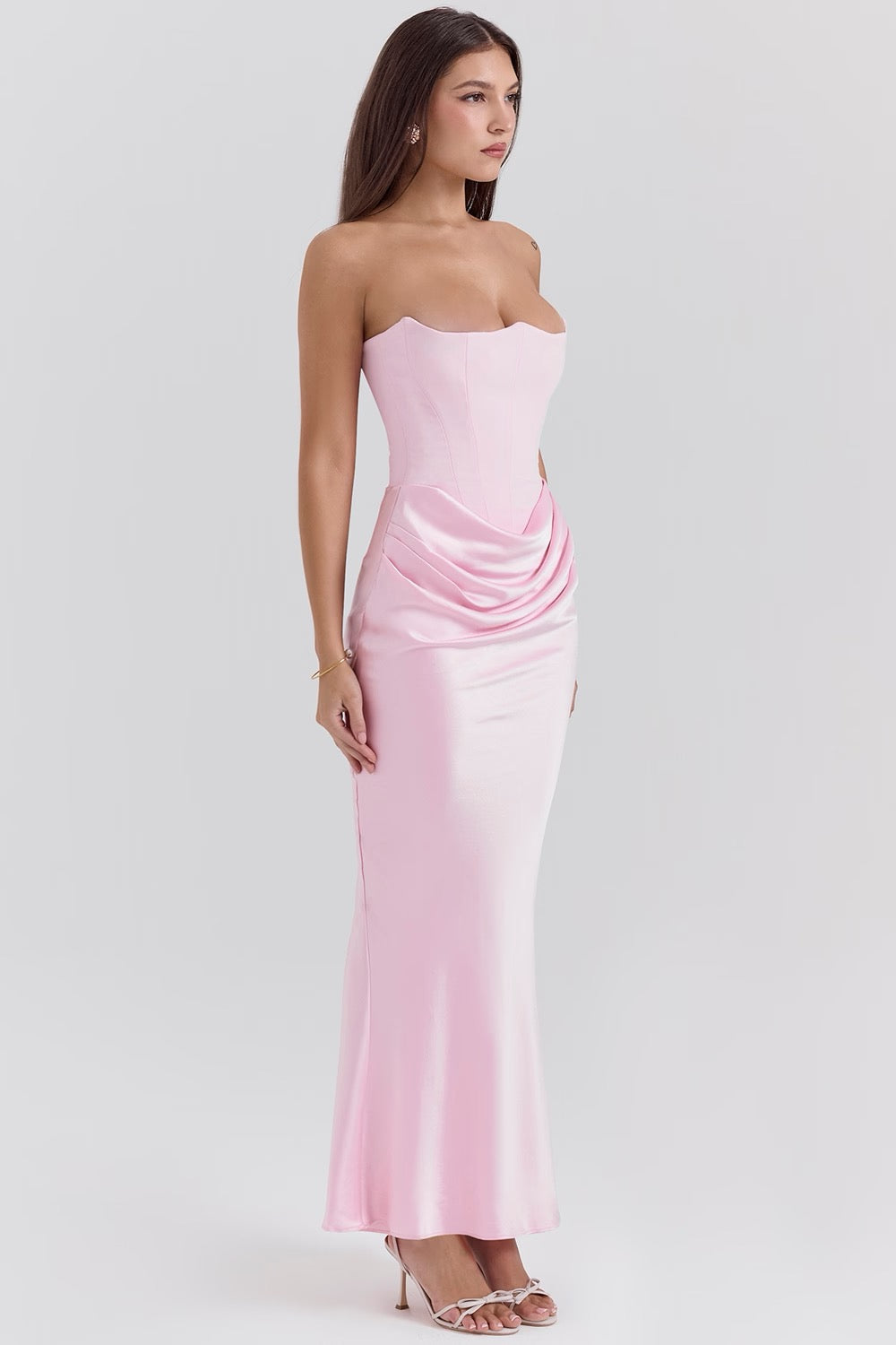 Women’s Strapless Maxi Dress Corset Bodice Draped Hip Wedding Guest Gown