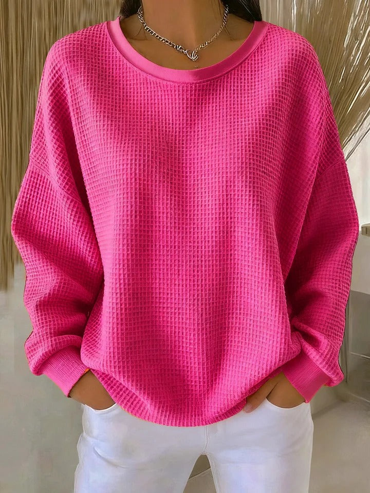 Women's Oversized Waffle Knit Dropped Shoulder Sweater With Ribbed Trim