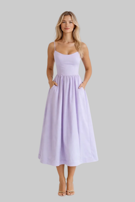Women’s Midi Dress with Scoop Neckline and Gathered A-Line Skirt