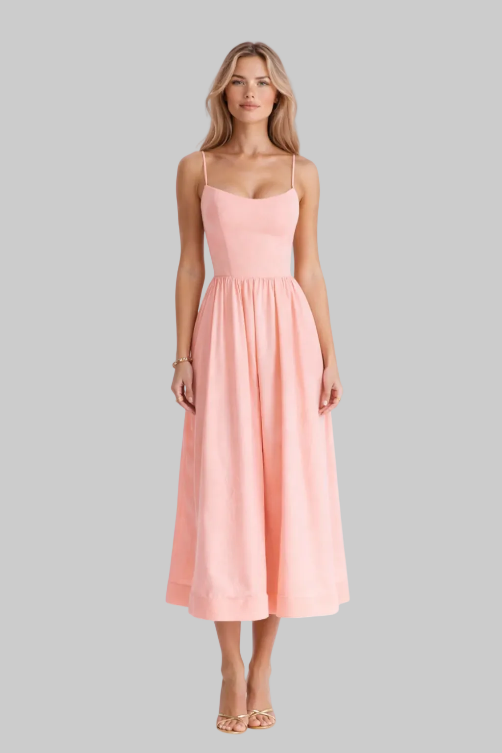 Women’s Midi Dress with Scoop Neckline and Gathered A-Line Skirt