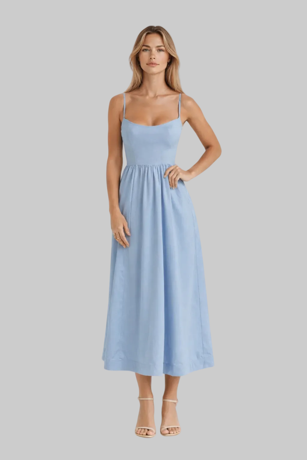 Women’s Midi Dress with Scoop Neckline and Gathered A-Line Skirt